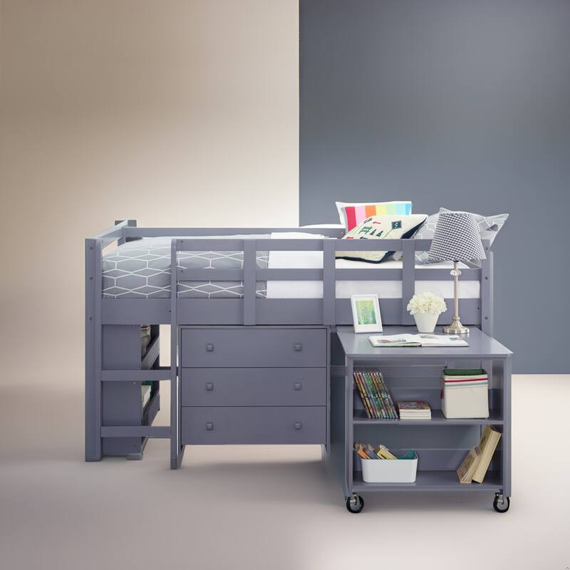 Twin Size Low Loft Bed with Desk and Storage - Kids Pine Wood Loft Bed with Cabinet and Study Space