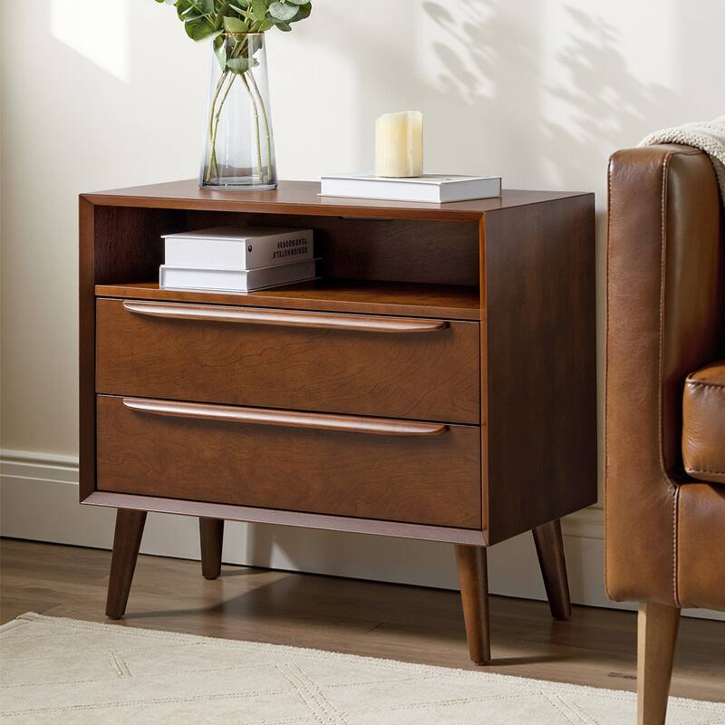 Kay Mid-century Modern 2 - Drawer End Table with Built-In Outlets and USB by HULALA HOME - Walnut
