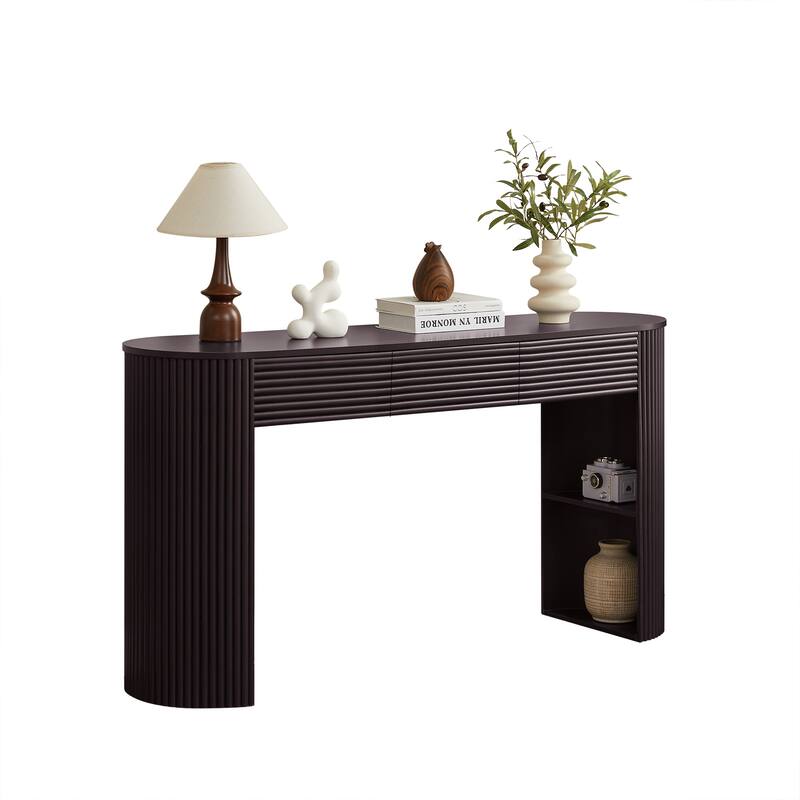 Retro Console Table with Storage, 3 Drawers, 1 Table-Leg Niche, Round Slat Aesthetic, Entryway, Living Room & Hallway