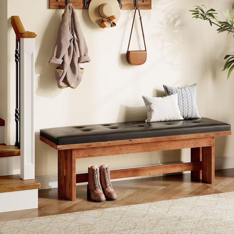 55 Inches Solid Wood Bench with Cushion for Bedroom