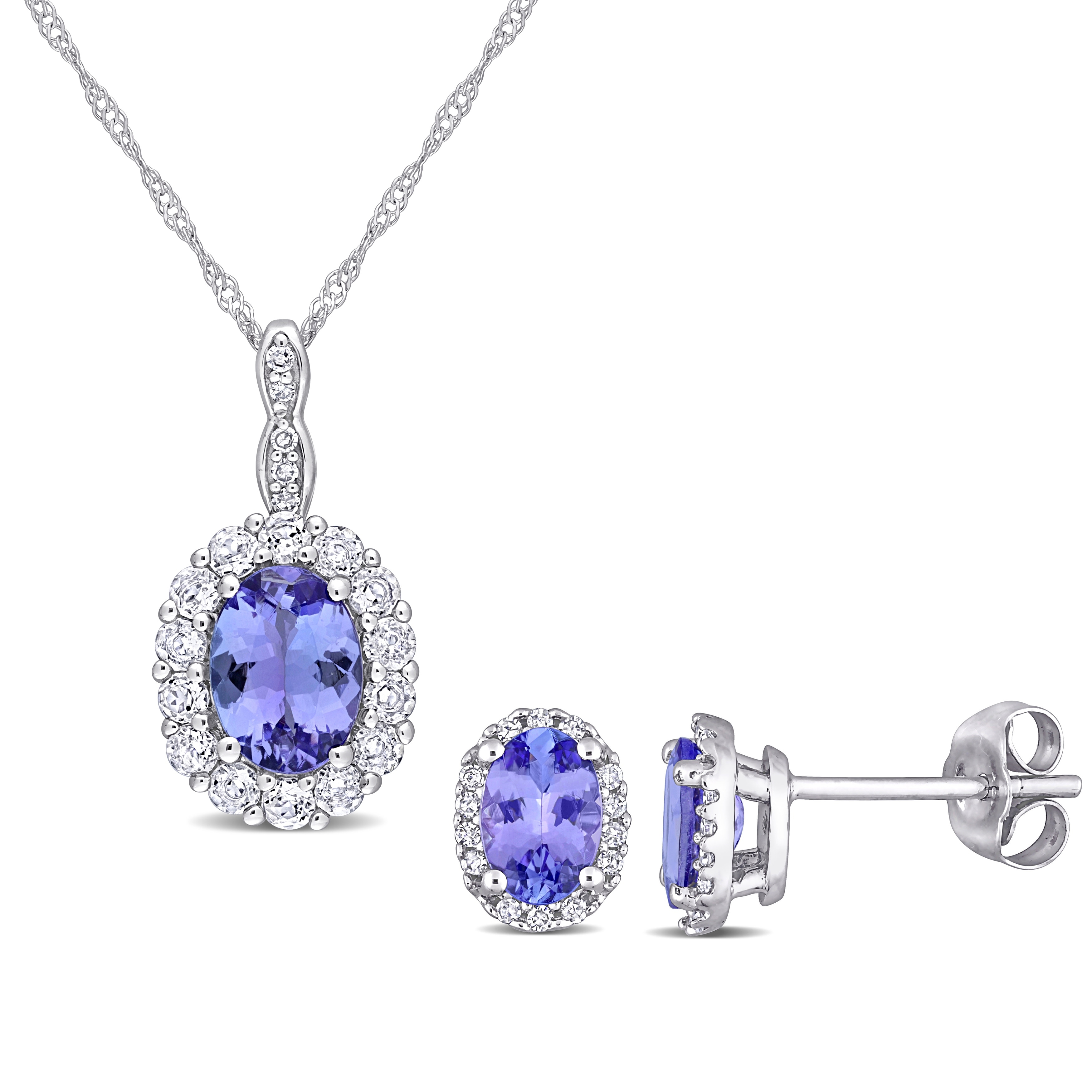Miadora Tanzanite, White Topaz & 1/8ct TDW Diamond Halo Earrings and Necklace Set in 10k White Gold