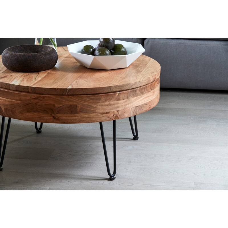 NADAAL STUDIOS Tarian Coffee Table, Round Solid Acacia Wood with Iron Hairpin Legs and Hidden Storage, Natural Finish