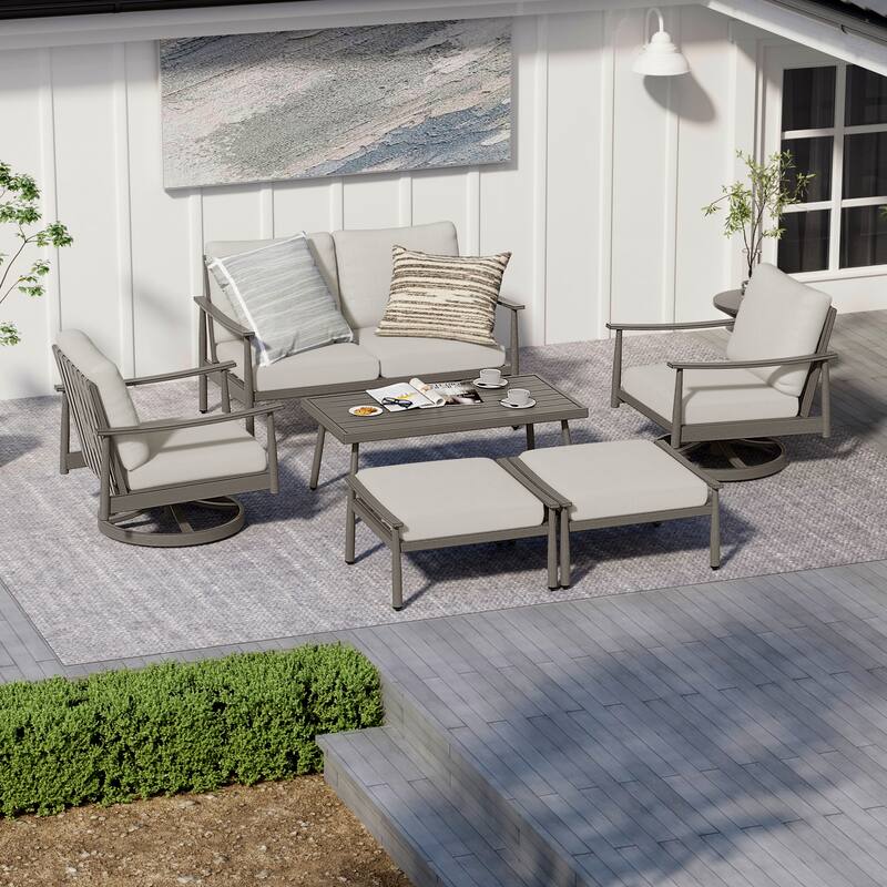6-Person Aluminum Patio Conversation Set with 2 Swivel Chairs, Loveseat and Coffee Table
