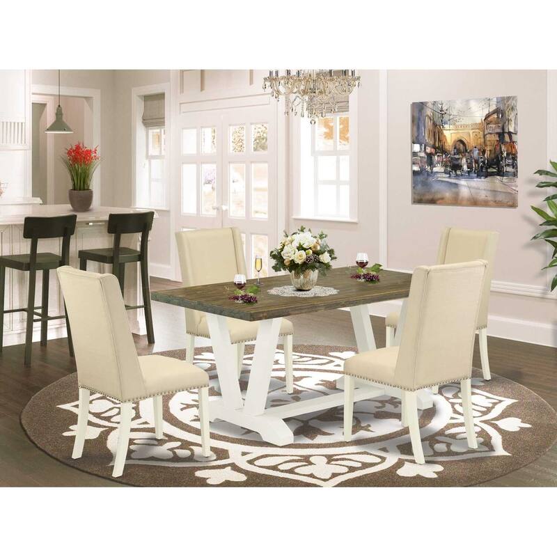 HomeStock 5-Piece Rectangle Distressed Jacobean Finish Solid Wood Top Dining table with 4 Chairs
