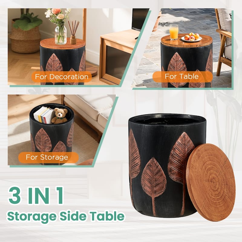 EROMMY Outdoor Side Table with Storage, Round Accent Table for Indoor and Outdoor Use, Rustic Side Table with Storage