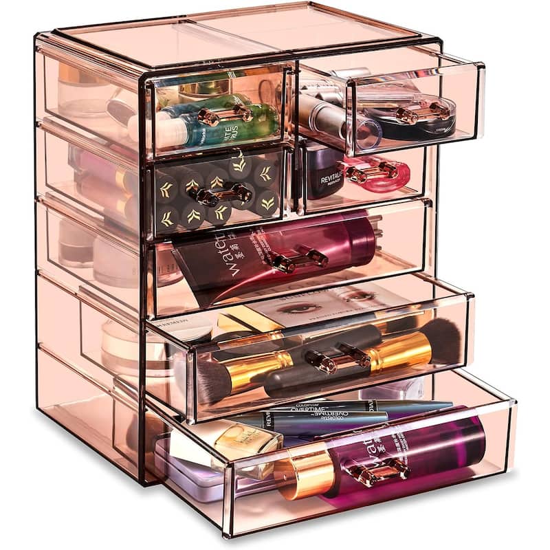 Sorbus Cosmetics and Jewelry Big Storage Case Display - Stylish Vanity, Bathroom Case (3 Large, 4 Small Drawers) - Brown