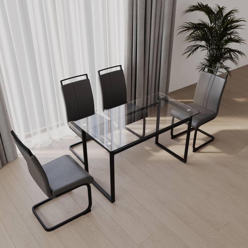 Glass 5-Piece Dining Table Set with 4 PU Upholstered Chairs