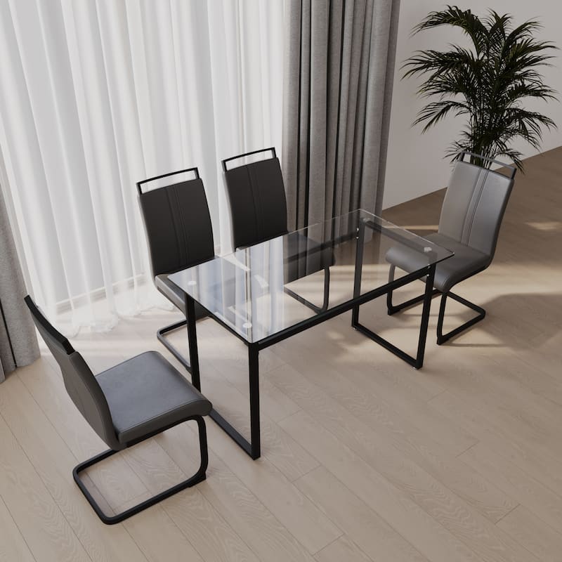 Modern 5-Piece Dining Set with Rectangular Glass Table & High Back Metal C-shaped Tube Chairs