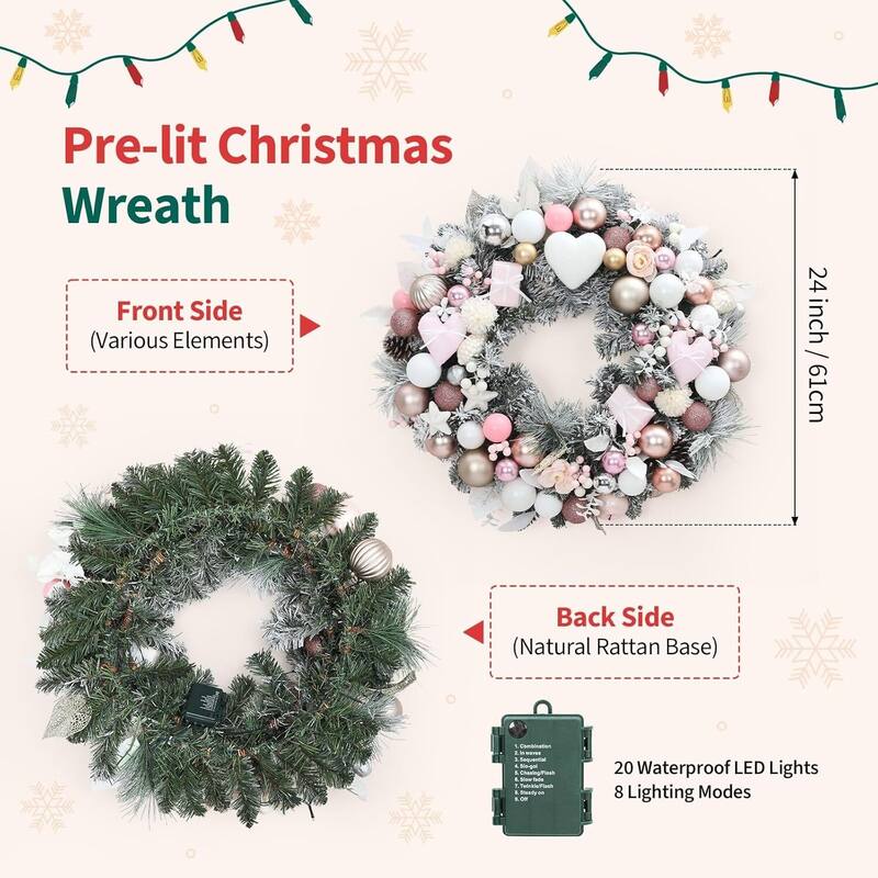 24 Inch Christmas Wreath with Lights, Pink Holiday Wreath for Front Door Decorations