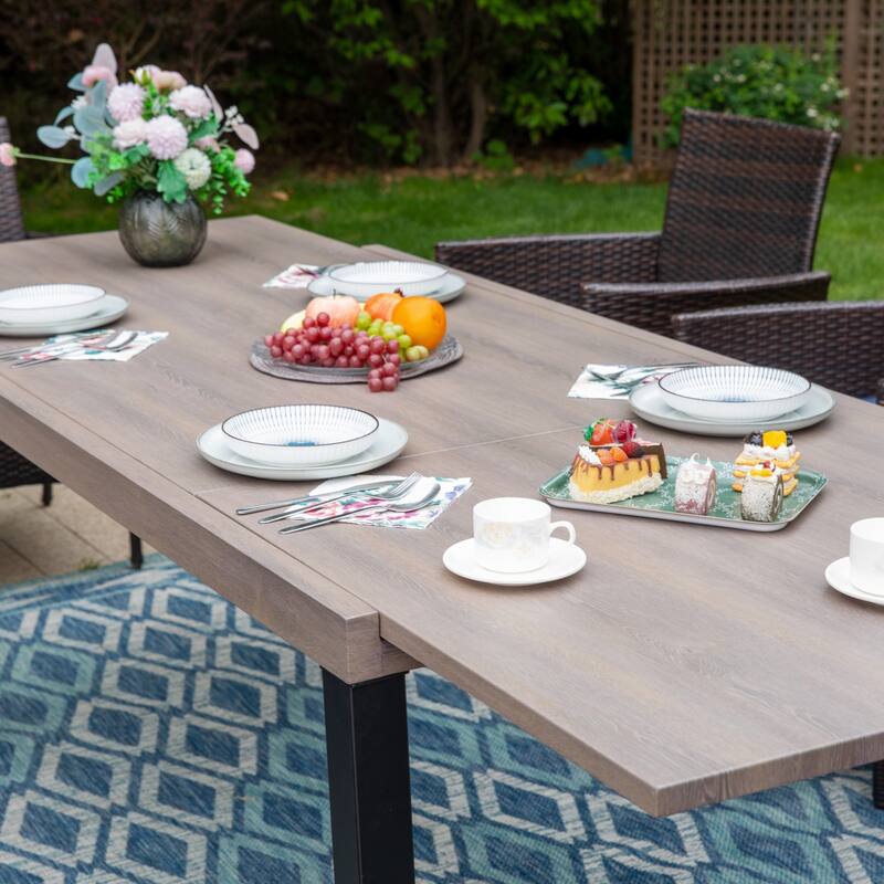 7/9-piece Patio Dining Set, Expendable Rectangular Outdoor Dining Table with Rattan Chairs