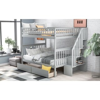 Stairway Full Over Full Bunk Bed, Wood Bedframe with Storage Shelves