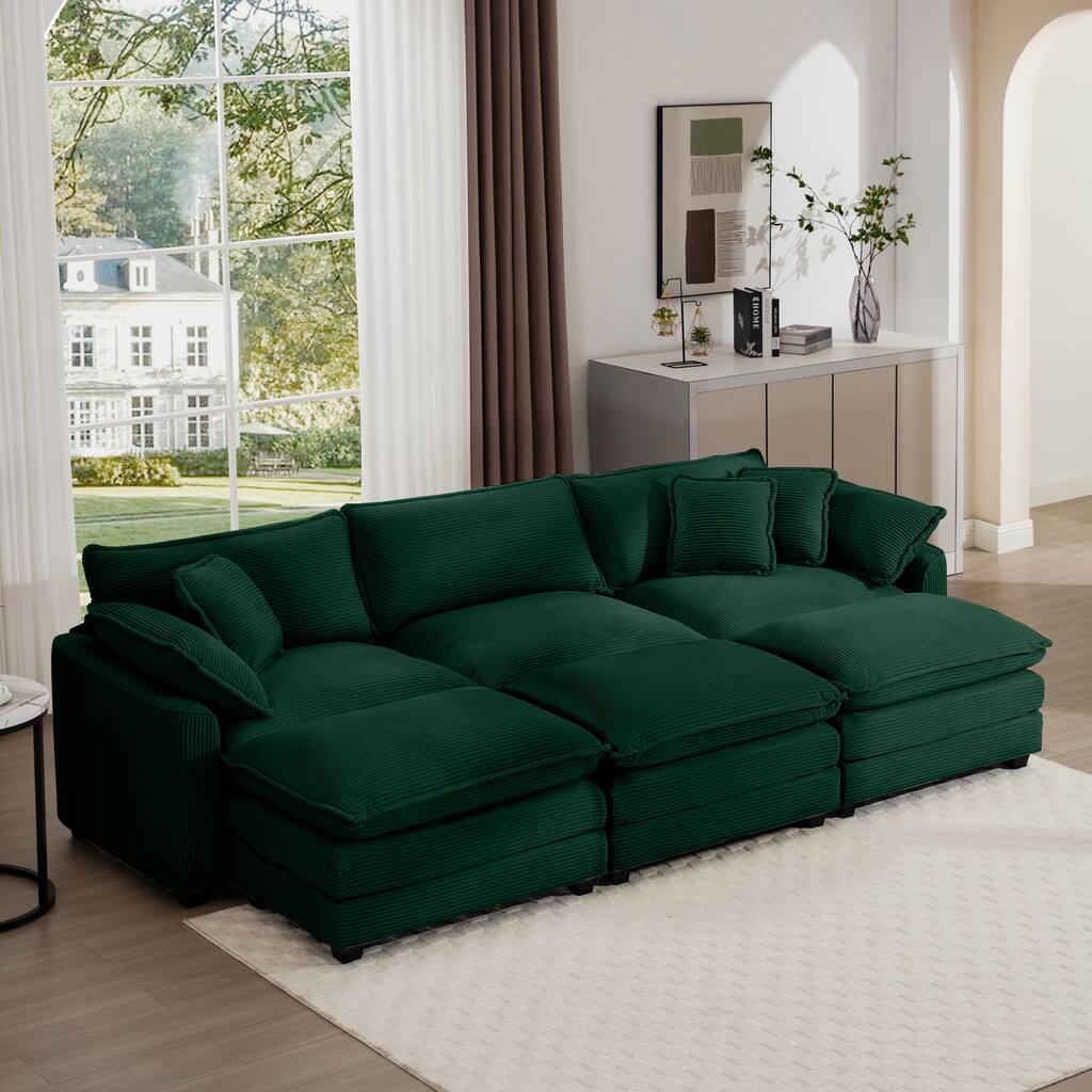 Green Oversized Corduroy Cloud Sleeper Sofa with 3 Ottomans and 5 Pillows