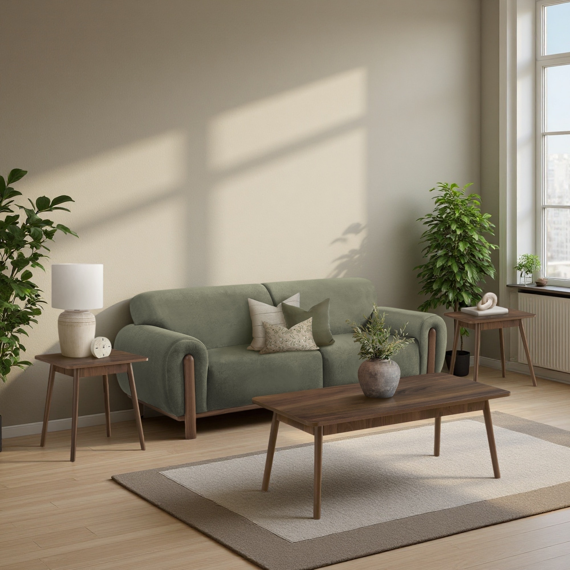 3-Piece Mid-Century Modern Table Set, Laminate Coffee Table & End Tables with Solid Wood Legs