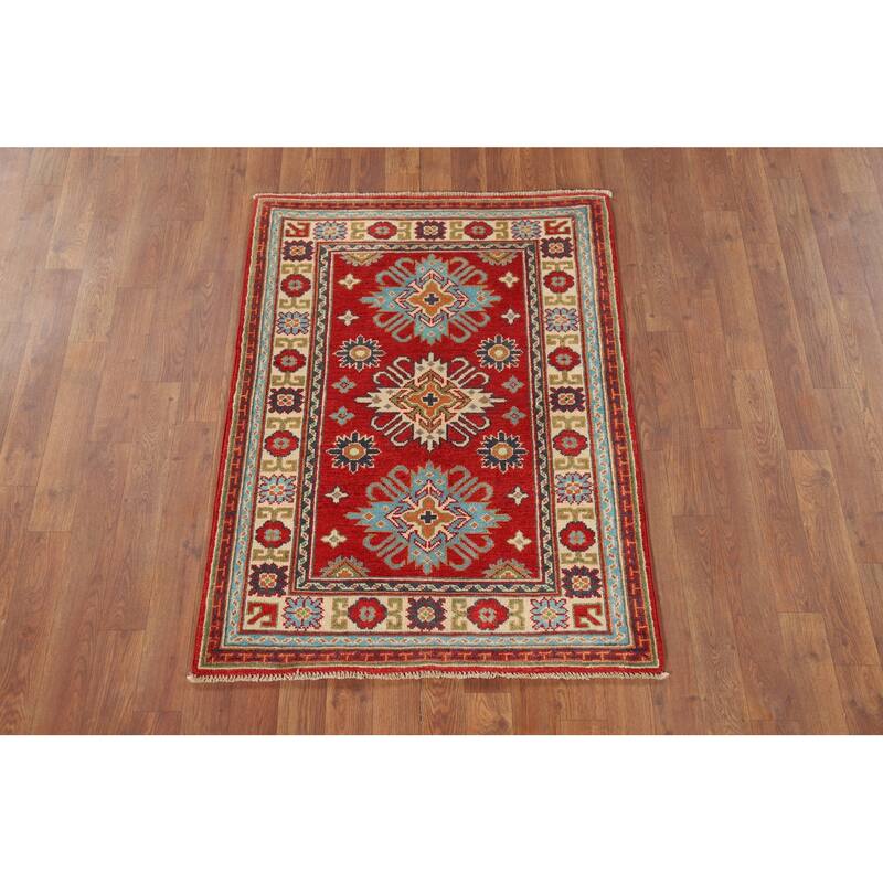 Red Kazak Foyer Rug Handmade Geometric Wool Carpet - 2'9" x 3'10"