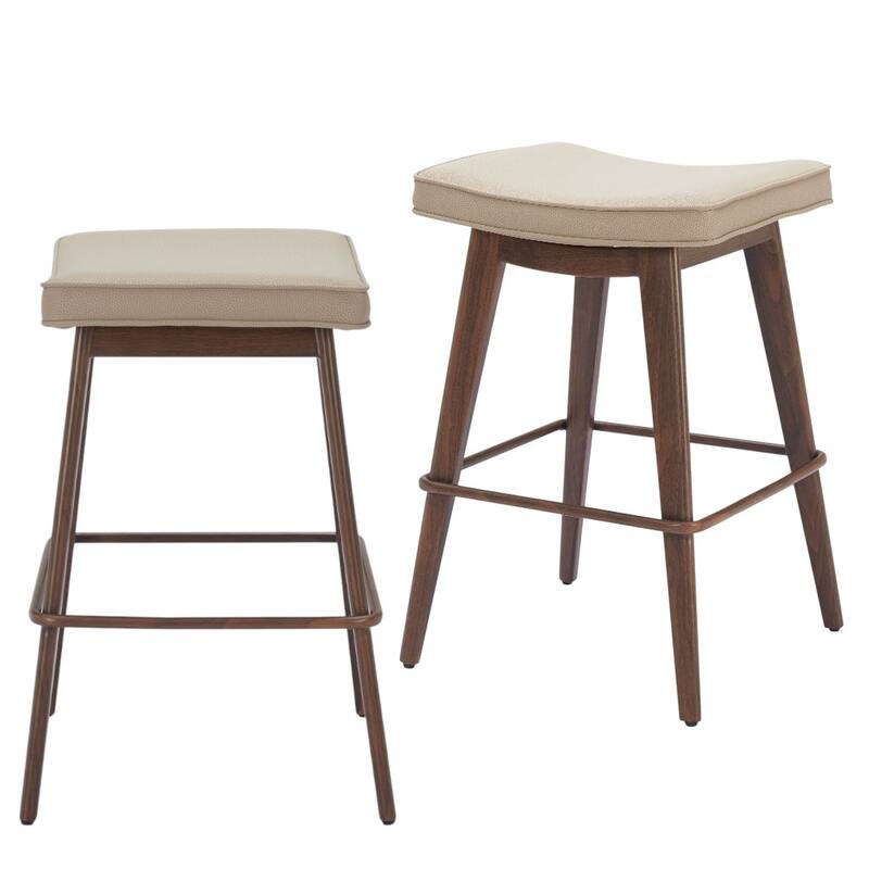 HomeRoots Set of Two 27" Beige and Walnut Faux Leather and Steel Backless Counter Height Bar Chairs