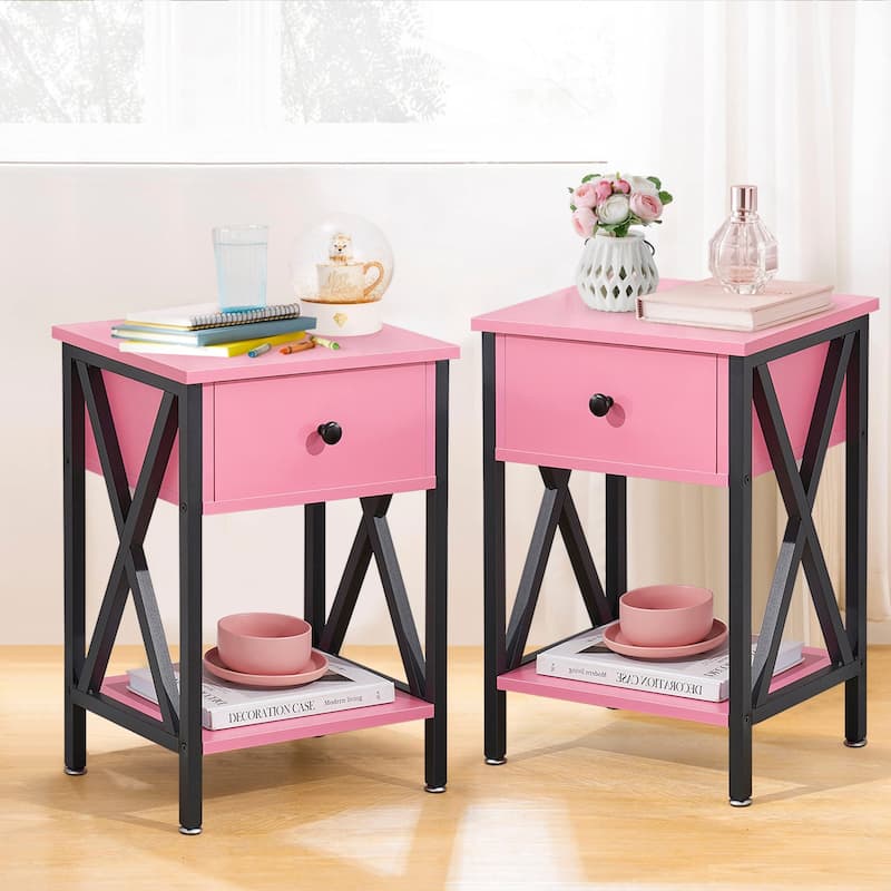 Javlergo Set of 2 Nightstand with 1 Drawer and Storage Shelf, End Table Bedside Table for Bedroom Living room Office - Pink