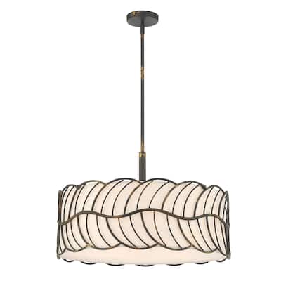 Simbolo 5 Light Pendant in Antique Black Iron with Ivory Linen