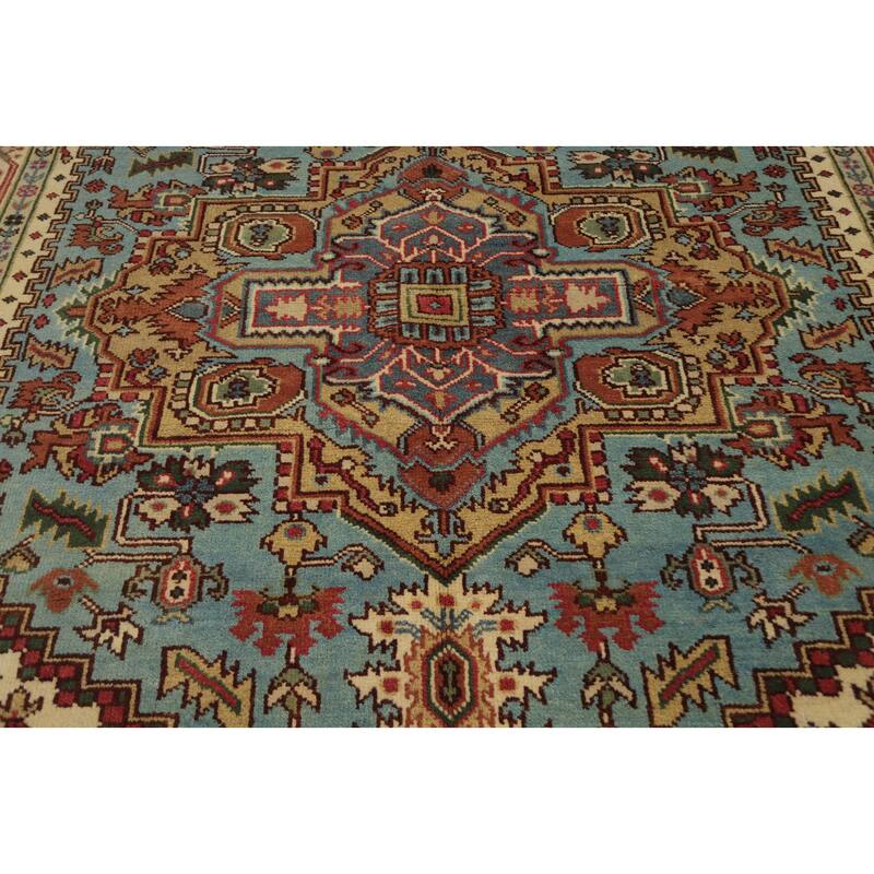 Hand Knotted Oriental 100% Wool Carpet Traditional Medallion Navy Blue & Blues Heriz (serapi) Area Rug - 9' 10'' X 8' 0''