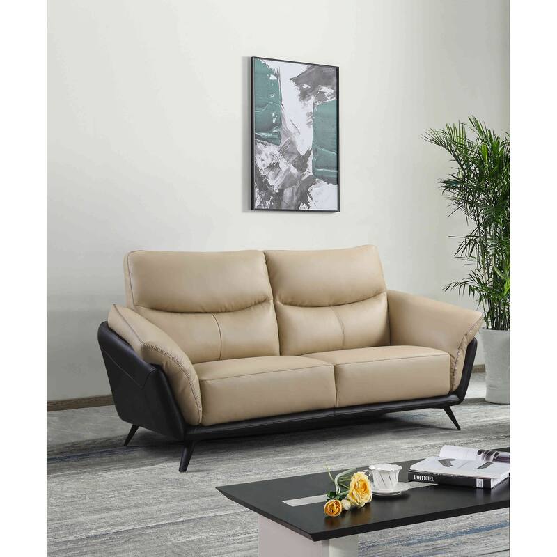 Cortesi Home Paris Genuine Full Leather Loveseat/Sofa, 2 Tone Combination of Black and Beige - Sofa