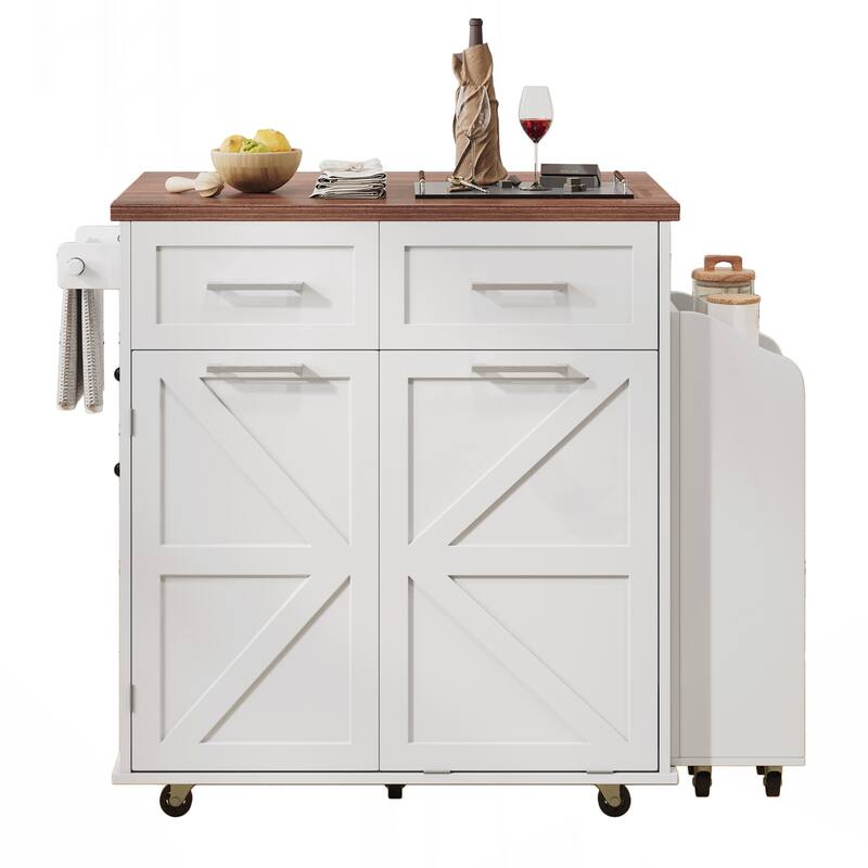 Kitchen Island with Drop Leaf, Kitchen Storage Island with Removable Side Racks, Two Drawers