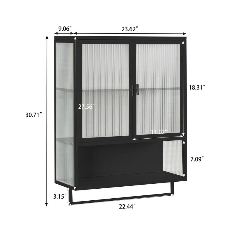 Wall-Mounted Black Sideboard with Fluted Tempered Glass, Two-Tier Storage Cabinet and Open Shelf