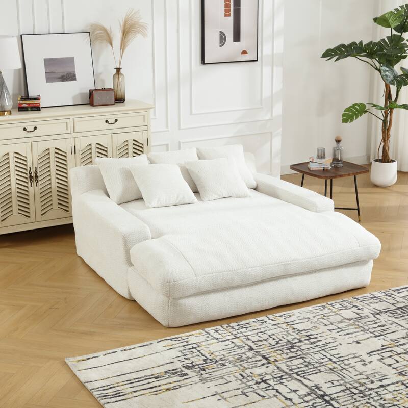 Chenille Upholstered 2-seater Deep Seat lazy sofa bed With 5 back pillows - White