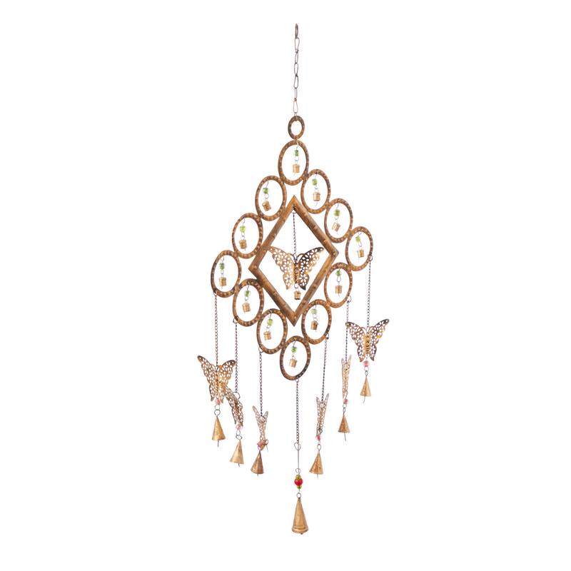 Brass Metal Butterfly Windchime with Beads and Cone Bells