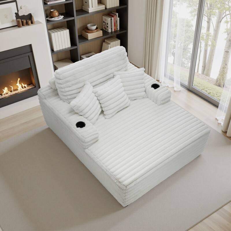 53"W Oversized Plush Fur-Like Chaise Lounge Sofa with Cup Holder