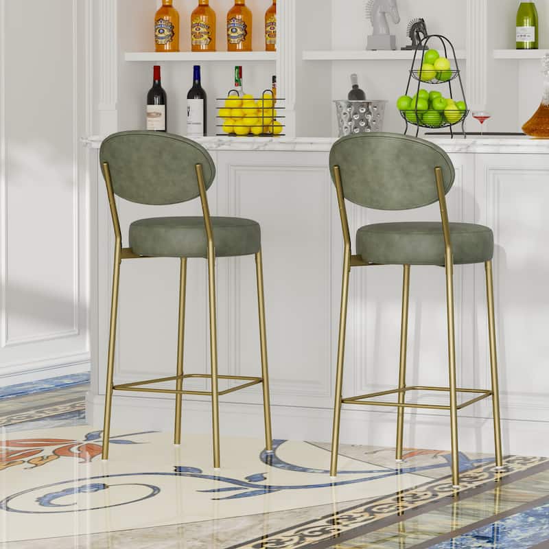 29'' H Seat Height Upholstered Bar Stools Set of 2, Faux Leather/Velvet(Green/White) Counter Dining Stool, Round Kitchen Chairs