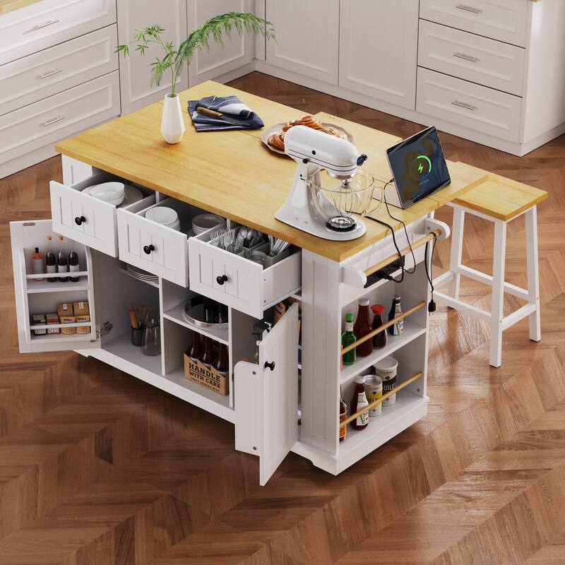 53" Kitchen Island with Drop Leaf, Power Outlet & Wheels, Rolling Cart with Storage Racks - Portable - White