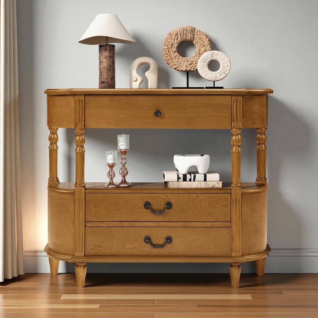 43'' Retro Curved Wood Console Table with 3 Drawers and Bottom Shelf, Solid Pine Legs Entryway Sofa Table for Living Room