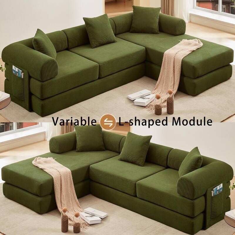 107'' L-Shaped 7-in-1 Corduroy Modular Sectional Sofa Bed, 4-Seat, Green