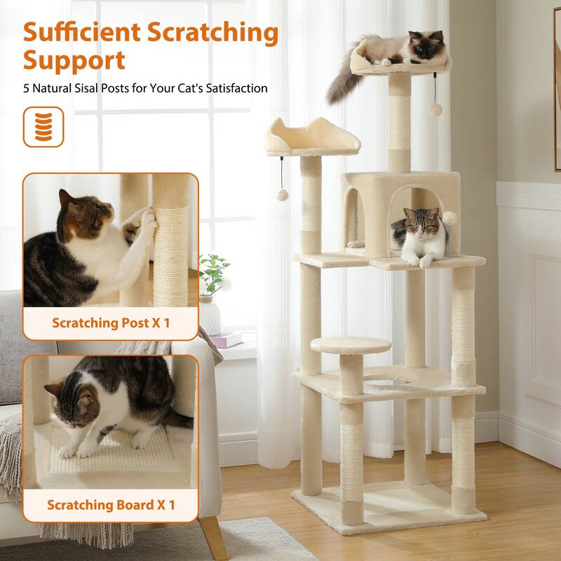 63" Indoor Large Cat Tree Cat Tower with Scratching Pad and Cozy Condo