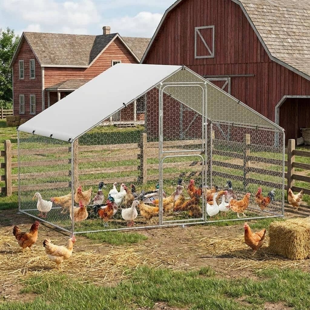Metal Chicken Coop Walk in Chicken Run with Door for Outdoor Farm Yard