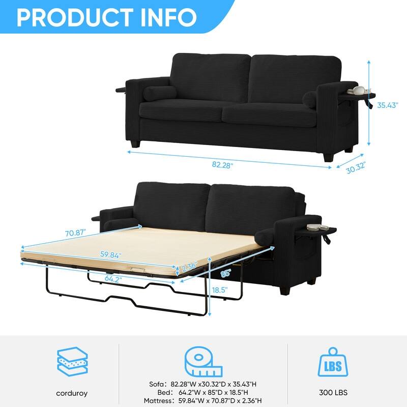 Mixoy Convertible 2-in-1 Pull Out Sleeper Sofa Bed Loveseat with 2 Wing Table and Memory Foam Mattress
