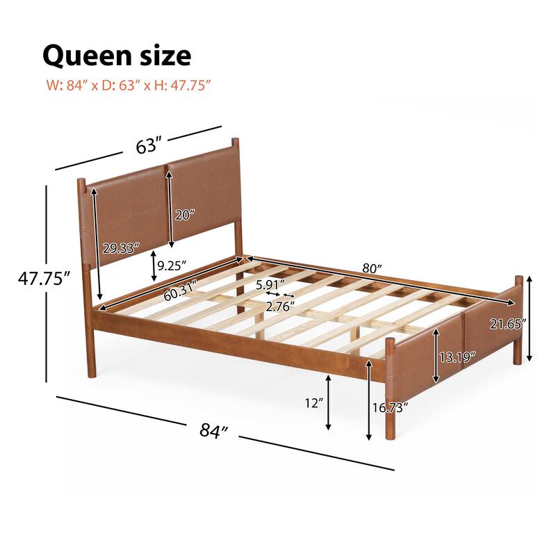 Solid Pine Platform Bed Frame, Faux Leather Upholstered Bed with Ergonomic Backrest, Wooden Slat Support
