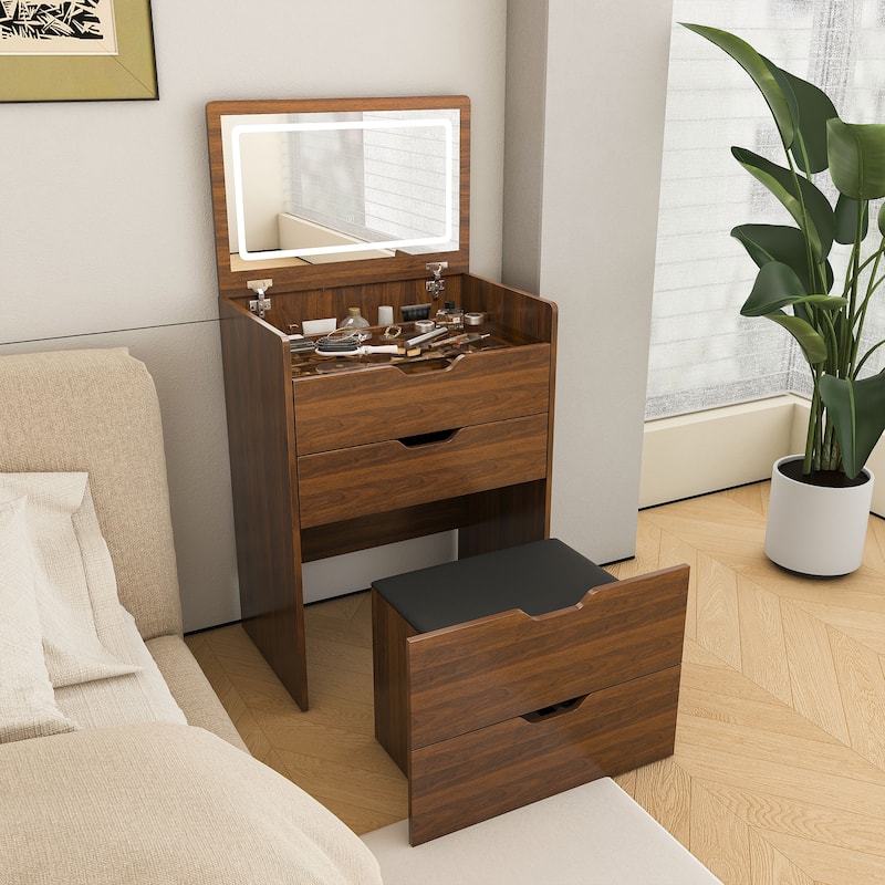 3-in-1 Vanity Desk with Flip Top LED Lighted Mirror, Compact Dressing Table and Makeup Stool Set - Walnut, 23.62"L