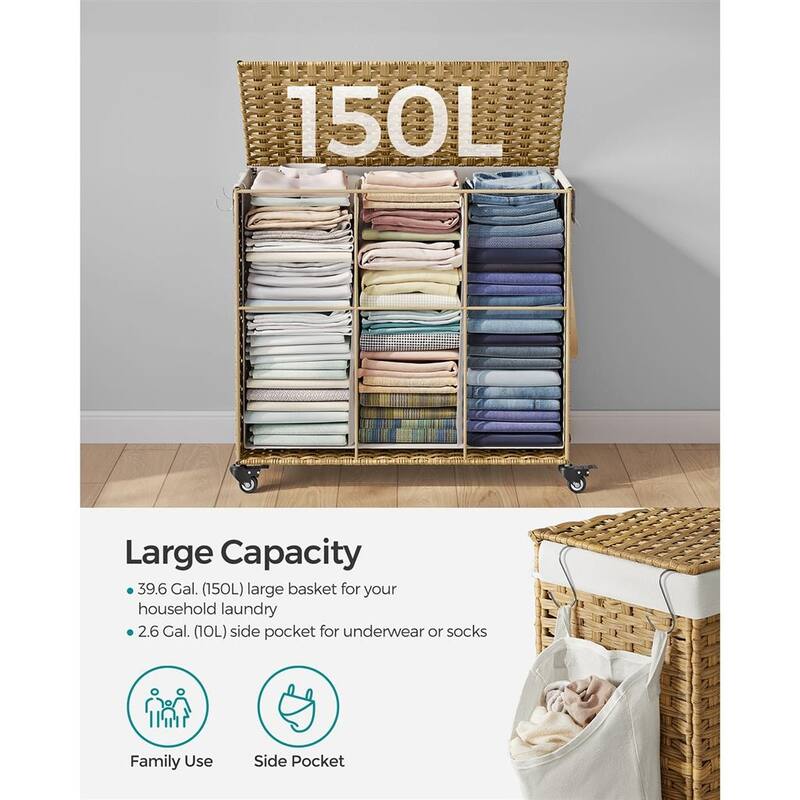3-Compartment Laundry Bin with Lid and Wheels Large Rattan Hamper with Pull Handle and Pocket - 27.6”L x 14.2”W x 26”H