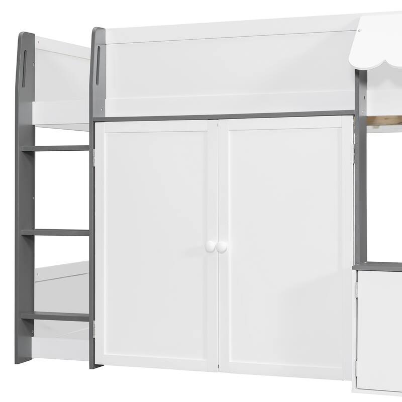 Roomfitters Full Loft House Bed with Playhouse and Storage Cabinets, Modern Wood Cabin Sleeper