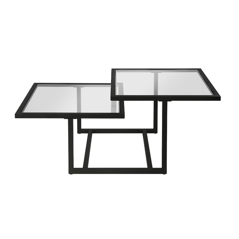 43" Contemporary Square Coffee Table with Glass Top and 2 Shelves Stylish Steel Base for Living Rooms - 43"L x 23"W x 18"H - Black