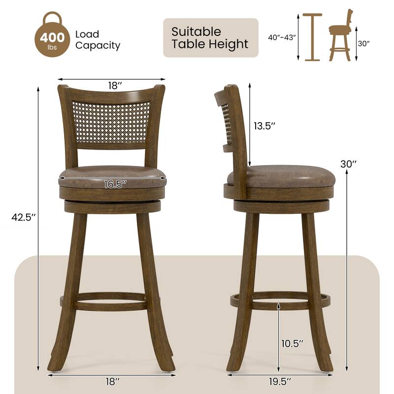 Gymax Set of 2 Bar Stools 30'' Swivel Bar Chairs w/ PE Rattan Backrest