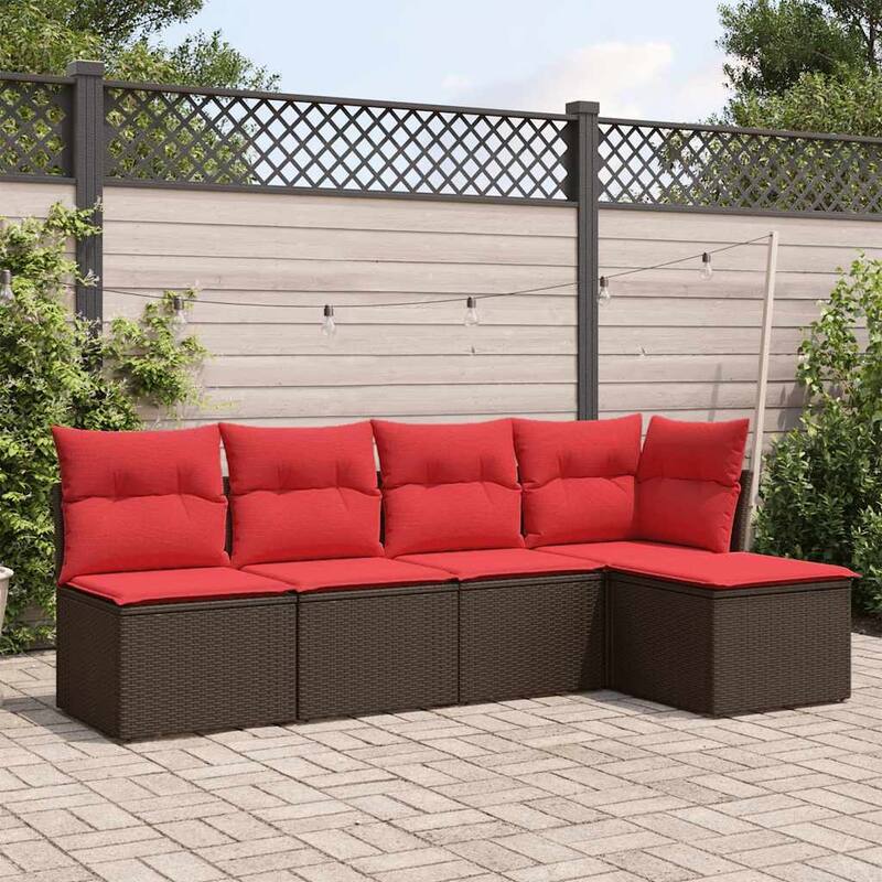 vidaXL 5/6 Piece Patio Sofa Set with Cushions Black/Brown/Gray Poly Rattan - 24.4 x 24.4 x 27.2 - Brown and red Without table