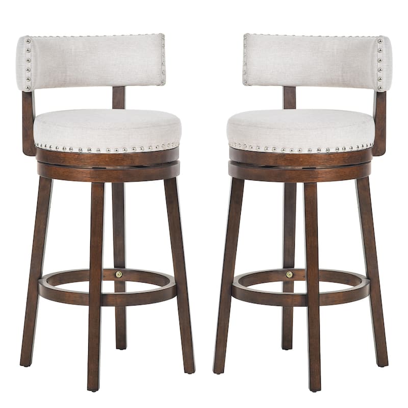 Modern Velvet Swivel Bar Stool - 25" or 30" Counter Height with Adjustable Footrest & Walnut Base, for Kitchen Islands - Set of 2 - Beige - Bar Height