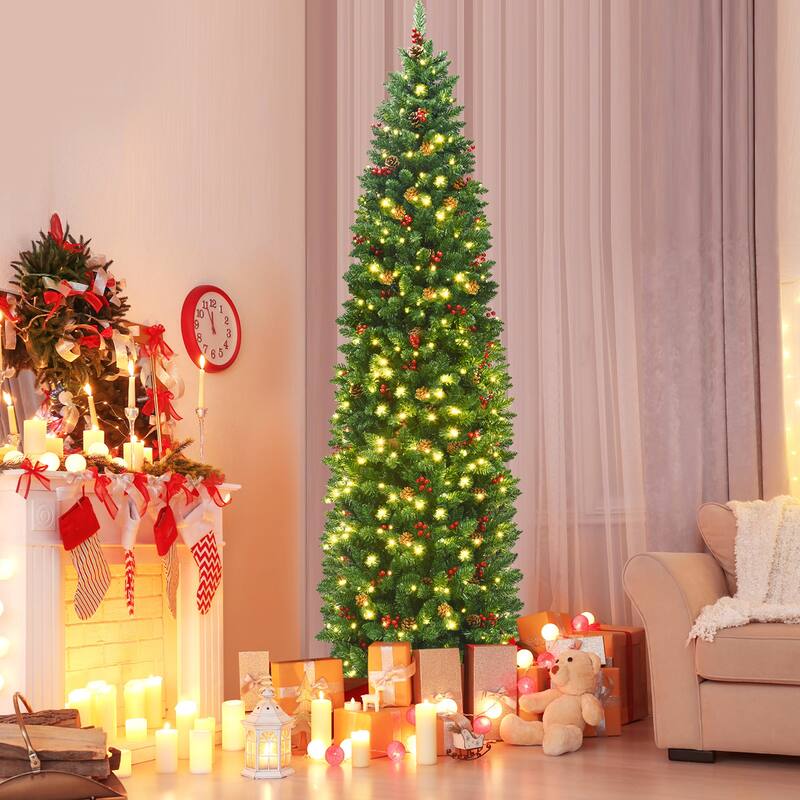 Gymax 7.5Ft Pre-Lit Pencil Christmas Tree Hinged Artificial Slim Tree - See Details