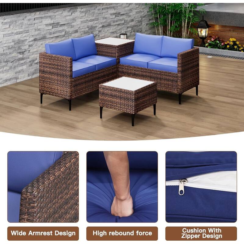 4-Piece Patio Sectional Sofa Set with Coffee Table and Storage Box