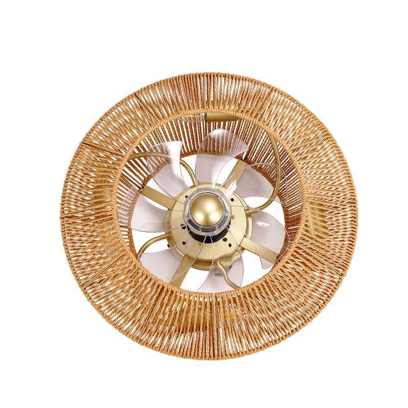 4-Light Boho Rattan Caged Ceiling Fan with Remote Control Flush Mount