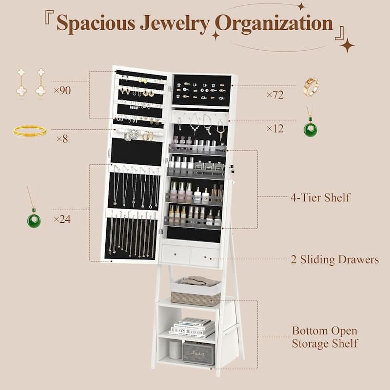 VECELO Standing Jewelry Cabinet Armoire with Adjustable LED Lights and Multi-functional Storage Shelf Drawers
