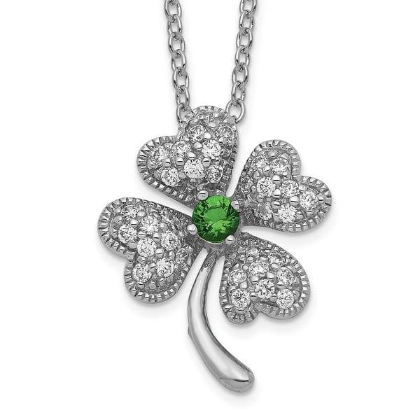 slide 1 of 4, Sterling Silver Cheryl M Rh-p Glass Sim.Emerald CZ 4-leaf Clover Necklace