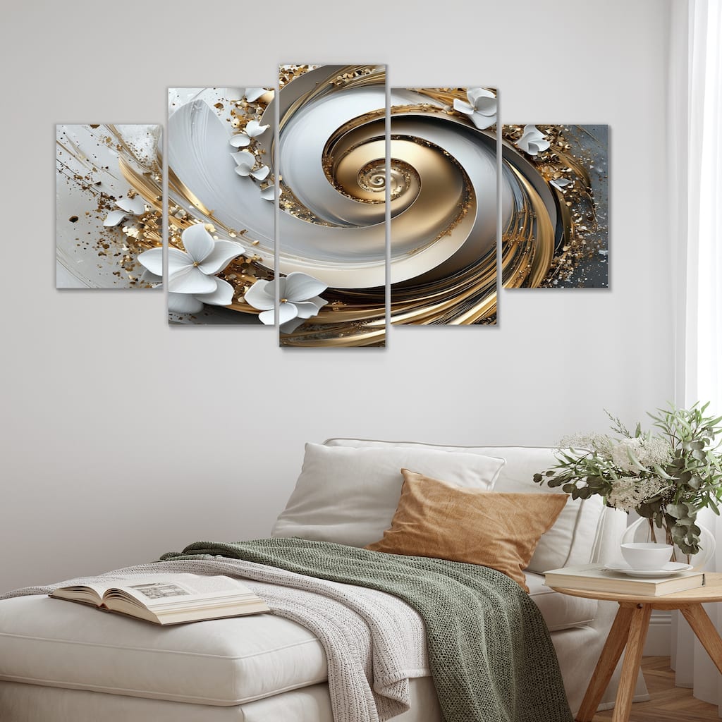 Designart - Grey And Gold Vortex Of Abundance I - Abstract Spirals Print Canvas Wall Art Set - Oversized Modern Wall Art