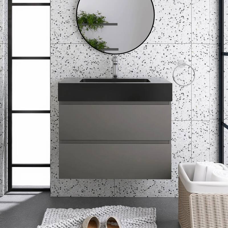 Single Sink Floating Bath Vanity in with Solid Surface Top - 30" x 18" x 25" - Black+ Gray